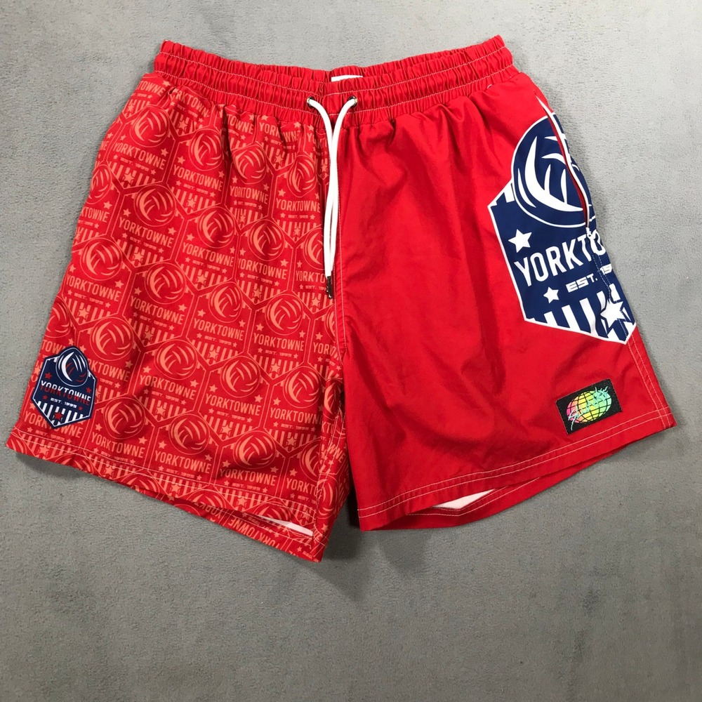 Slunks Yorktowne Volleyball Shorts Mens Size M Red Excellent Split Graphic Logo